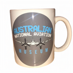 AVIATION coffee Mug. Australian National Aviation Museum. White grey blue logo
